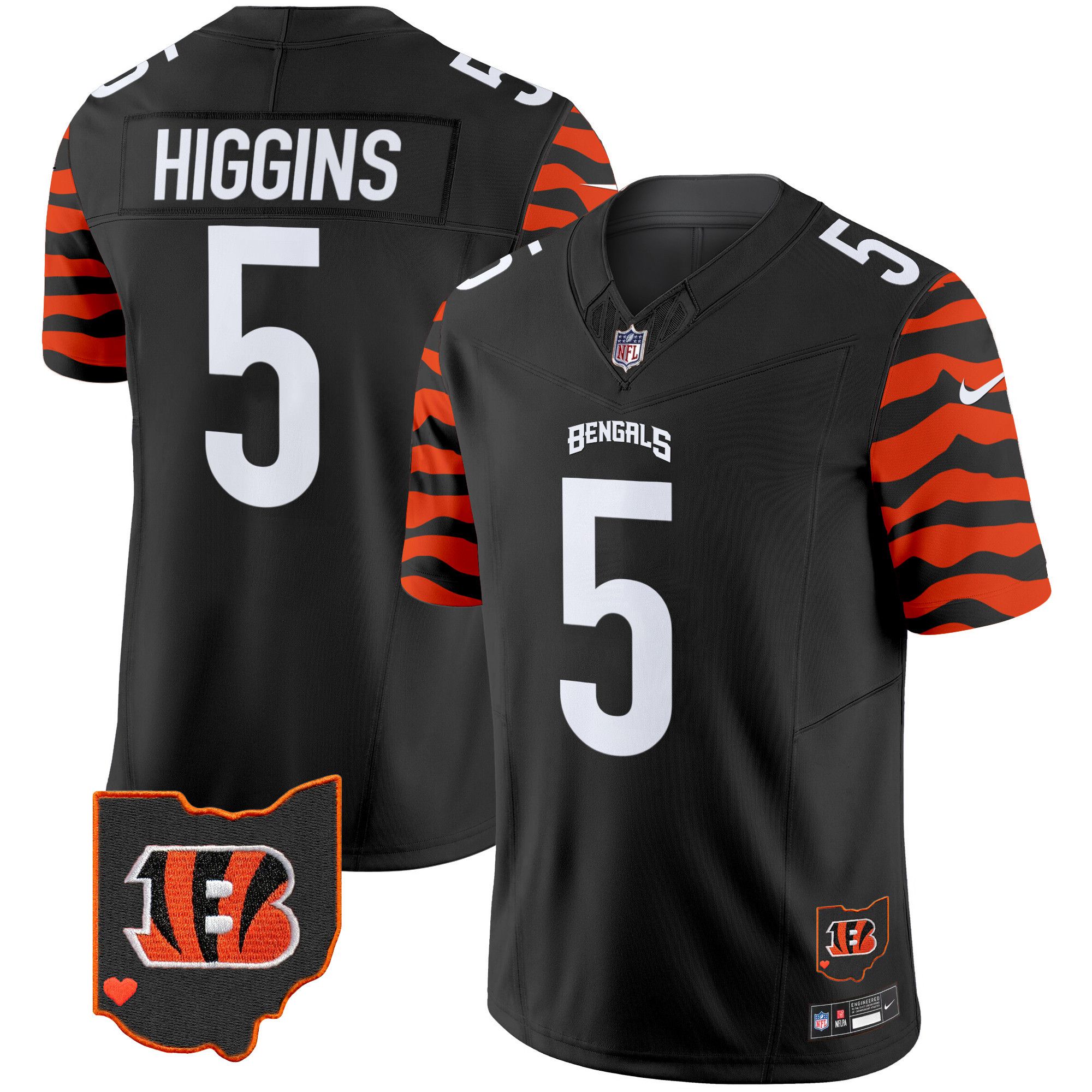 Men Cincinnati Bengals #5 Higgins Black 2024 Nike Stripes Vapor Limited NFL Jersey